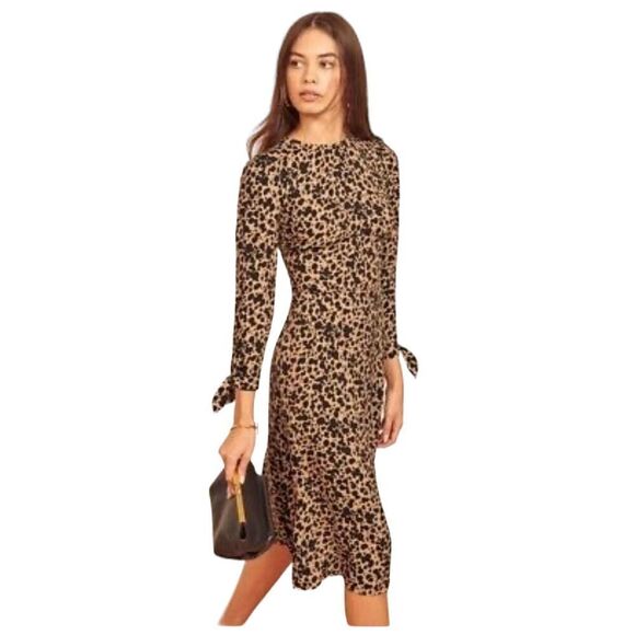 Reformation Port Leopard Print High Neck Midi Dress Black Brown Women's Size 2 - Picture 2 of 7